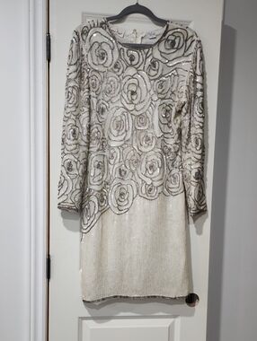 Laurence Kazar Ivory Long-Sleeve Sequin Rose Dress